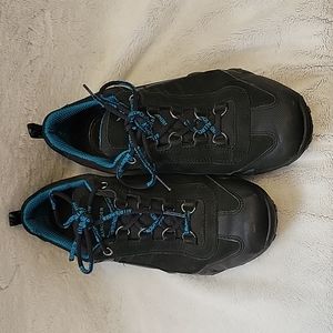 Allrounder Women's Walking Shoe, Size 6.5, Black Leather/Suede, Blue Trim. EUC